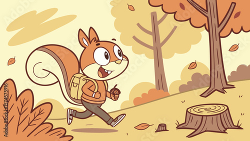 Cartoon squirrel running through an autumn forest with a backpack and an acorn in its paw happily