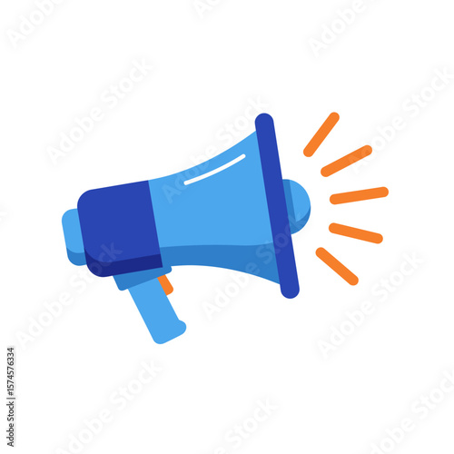 A blue megaphone emitting sound waves, used for announcements.