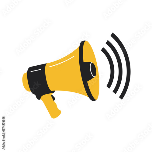 Yellow megaphone with black handle and sound waves emanating from the horn, isolated on white background.