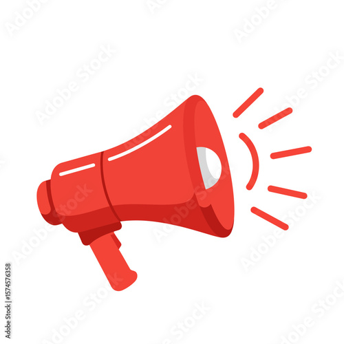 A vibrant red megaphone icon, depicted on a white background, symbolizing communication, announcements, and broadcasting in a simple, flat design style.