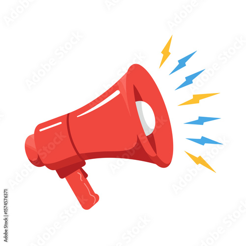 A vibrant red megaphone illustration with stylized lightning bolts emanating outwards.