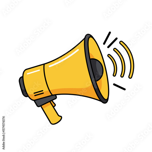 A yellow cartoon megaphone with black accents, emitting sound waves.