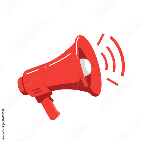 A vibrant red megaphone emitting sound waves, isolated on a white background.
