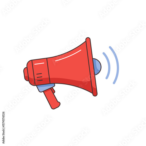A red megaphone icon emitting sound waves, isolated on white background.