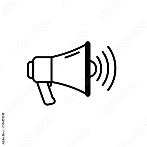 Simple black and white illustration of a megaphone, broadcasting sound waves.