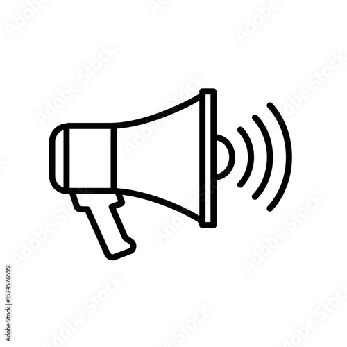 A simple line drawing of a megaphone emitting sound waves.