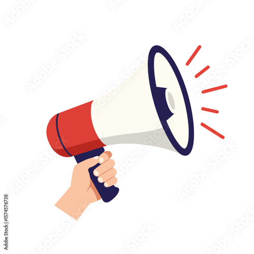 A human hand firmly grasps a classic red and white megaphone, emitting sound waves to symbolize important announcements, protest, or marketing communication.