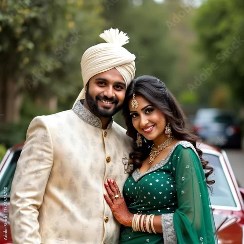 Smiling Indian couple in elegant wedding attire posing in front of vintage car on a scenic road, perfect for bridal, romance, and cultural celebration themes. generative ai