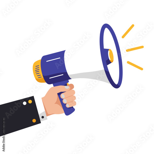 Hand holding a megaphone with yellow sound waves emanating from it, against a white background.