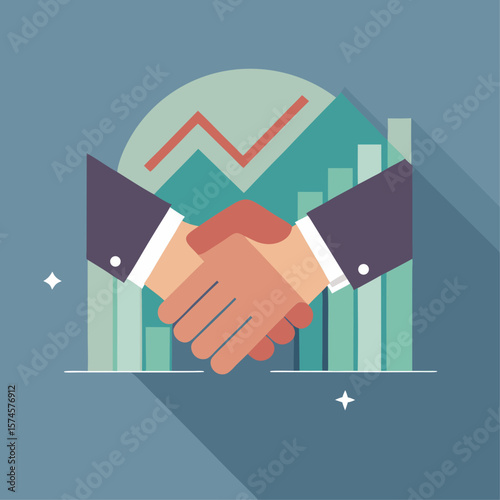 A handshake between two people with a graph in the background. The graph shows a downward trend. Concept of a business deal or partnership, with the handshake symbolizing agreement and trust