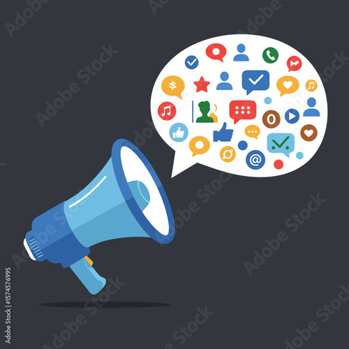 An illustrated megaphone projecting social media icons, representing communication, marketing, and online engagement against a dark background, symbolizing announcements.
