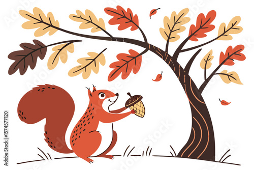 A cute squirrel holding an acorn under a tree with colorful autumn leaves falling down around it