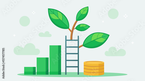 A green leafy plant is growing on a ladder, with a pile of coins below it. Concept of growth and prosperity, as the plant represents the potential for growth and the coins symbolize wealth