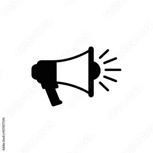 A simple, black and white illustration of a megaphone broadcasting sound waves.