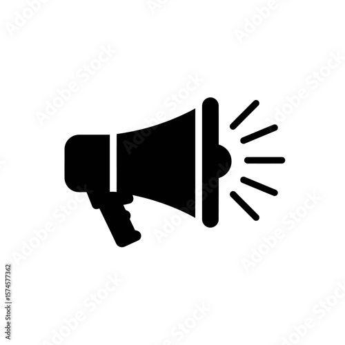 Simple black and white icon of a megaphone, broadcasting sound waves.