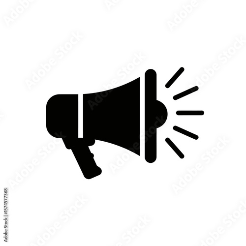 A black and white graphic illustration of a megaphone, radiating sound waves.