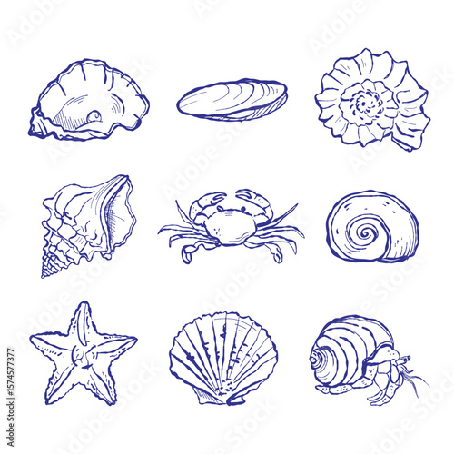 Hand-drawn marine illustration showcases shellfish and tropical fish. Textile-inspired style adds a handcrafted aesthetic.