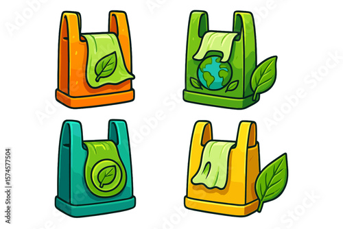 Creative illustrations of eco-friendly bags with green themes featuring nature elements, reusable designs, and global awareness