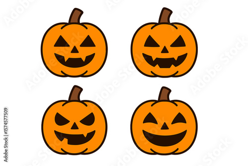 Colorful carved pumpkins representing different expressions for Halloween festivities
