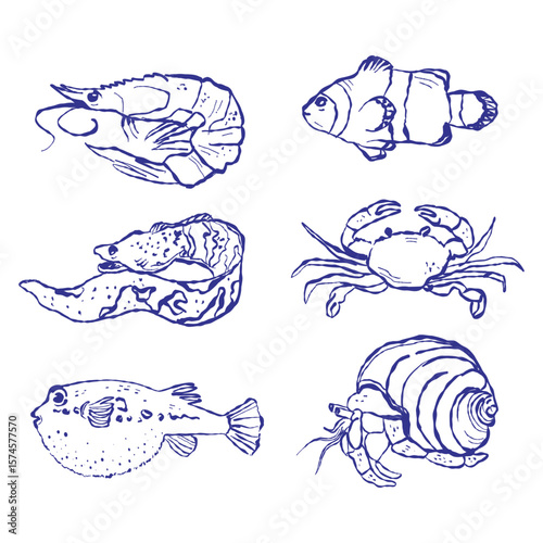 Hand-drawn marine illustration showcases shellfish and tropical fish. Textile-inspired style adds a handcrafted aesthetic.