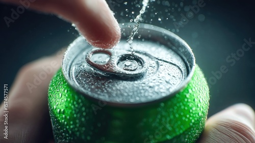Close-up shot of a green soda can being opened with droplets of water, capturing the refreshing moment with detail.