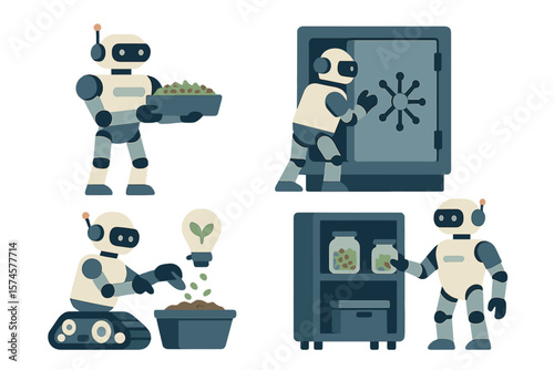 Robotic assistants engaging in various tasks related to gardening and storage in a futuristic setting