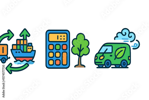 Activities related to sustainable logistics and transportation featuring a ship, calculator, tree, and eco-friendly vehicle