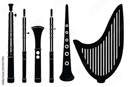 Collection of traditional woodwind instruments and a harp silhouette