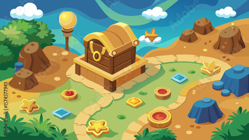 A cartoonish landscape with a wooden chest and a path leading to it. The chest is surrounded by a lot of small objects, including a few stars