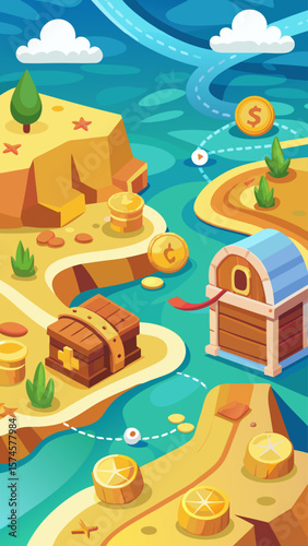 A cartoonish landscape with a wooden chest and a path leading to it. The chest is surrounded by a lot of small objects, including a few stars
