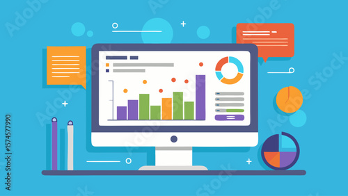 A computer monitor with a colorful background and a lot of graphs and charts. The background is blue and the graphs are in different colors
