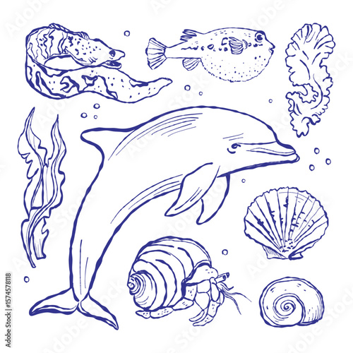 Hand-drawn marine illustration showcases shellfish and tropical fish. Textile-inspired style adds a handcrafted aesthetic.