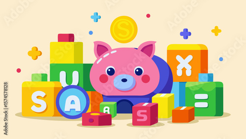 A cartoon pig is sitting on a pile of blocks and a coin. The blocks are in various colors and sizes, and the pig is surrounded by them. Concept of playfulness and fun