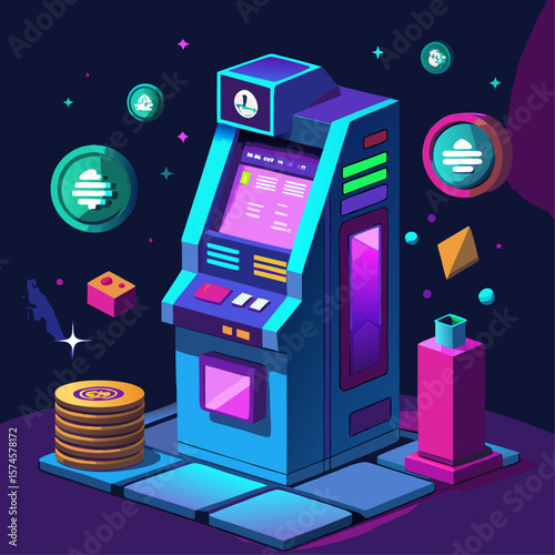 A futuristic vending machine with a screen that says "1" on it. The machine is surrounded by various coins and tokens, including a stack of quarters. Scene is futuristic and technological