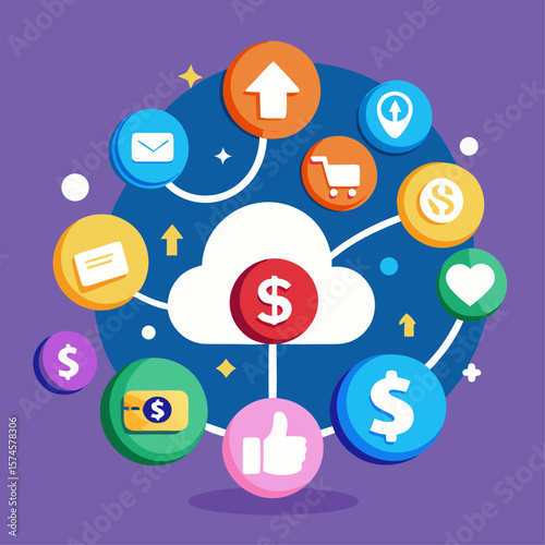 A blue background with a bunch of different colored circles with dollar signs in the middle. The circles are all different sizes and colors