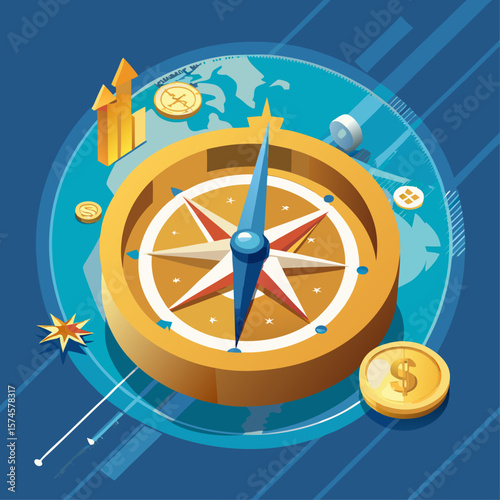 A compass with a dollar sign and coins on it. The compass is surrounded by a blue background