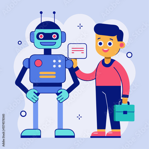 A man is holding a credit card in front of a robot. The robot is smiling and has a blue and red body