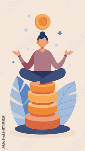 A woman is sitting on a pile of coins. She is smiling and she is happy. The coins are stacked on top of each other, and the woman is sitting on top of them. Concept of abundance and prosperity