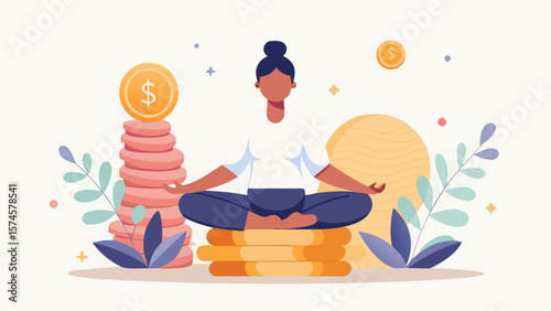 A woman is sitting on a pile of coins. She is smiling and she is happy. The coins are stacked on top of each other, and the woman is sitting on top of them. Concept of abundance and prosperity