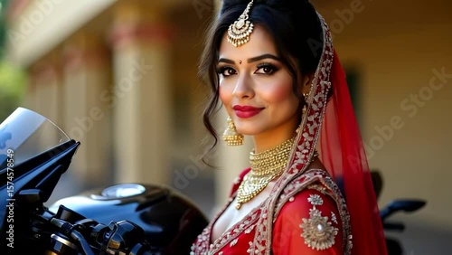 Confident Indian bride in red traditional attire posing with a modern motorcycle, combining elegance and power, ideal for bridal fashion and lifestyle content. generative ai