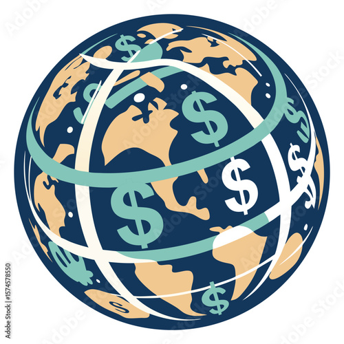A blue and white globe with a lot of money on it. The globe is surrounded by a blue and white border