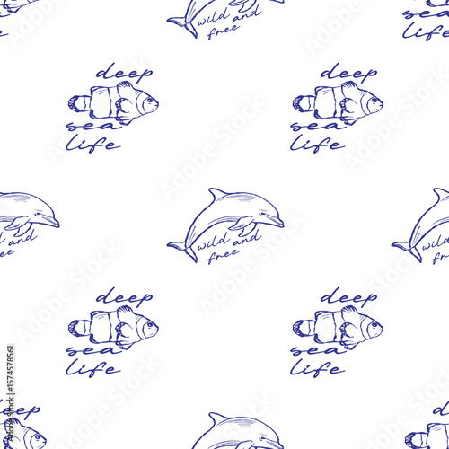 Hand-drawn marine illustration showcases shellfish and tropical fish. Textile-inspired style adds a handcrafted aesthetic.