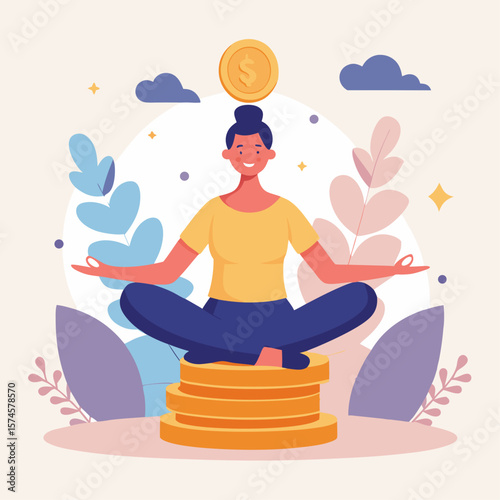 A woman is sitting on a pile of coins. She is smiling and she is happy. The coins are stacked on top of each other, and the woman is sitting on top of them. Concept of abundance and prosperity