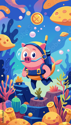 A cartoon pig is swimming in the ocean with a fish on his back. The scene is colorful and playful, with a sense of adventure and fun