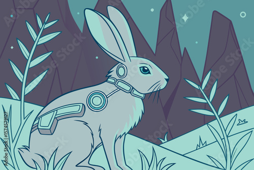Illustration of a futuristic rabbit with cybernetic implants in a landscape setting at night time