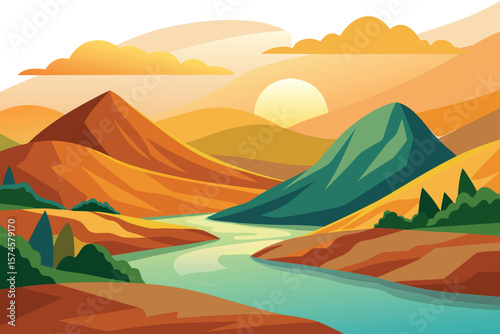 Hills and river in sunset tones