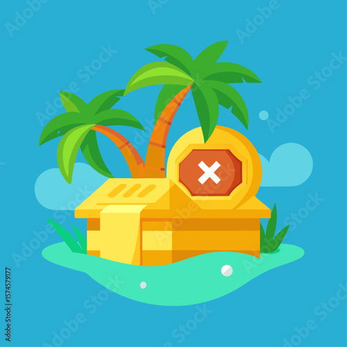 A cartoonish drawing of a treasure chest with a coin on top of it. The background is a blue ocean with palm trees