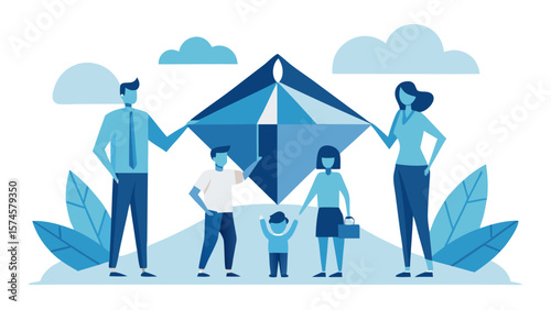 A family of four is standing in front of a kite, with a woman holding a briefcase. Concept of togetherness and family bonding