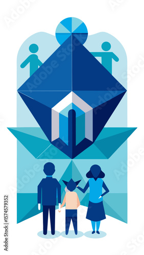 A family of four is standing in front of a kite, with a woman holding a briefcase. Concept of togetherness and family bonding