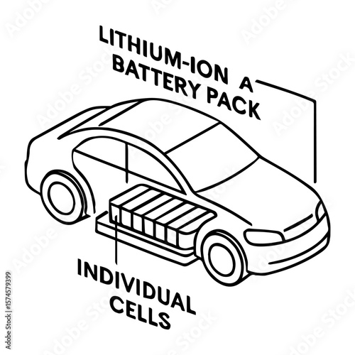 Electric vehicle lithium ion battery pack individual cells automotive engineering illustration design